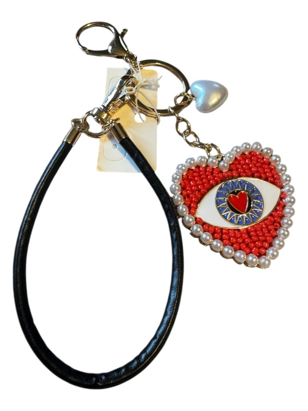 Red Beaded Heart Evil Eye Charm Keyring Wristlet NWT